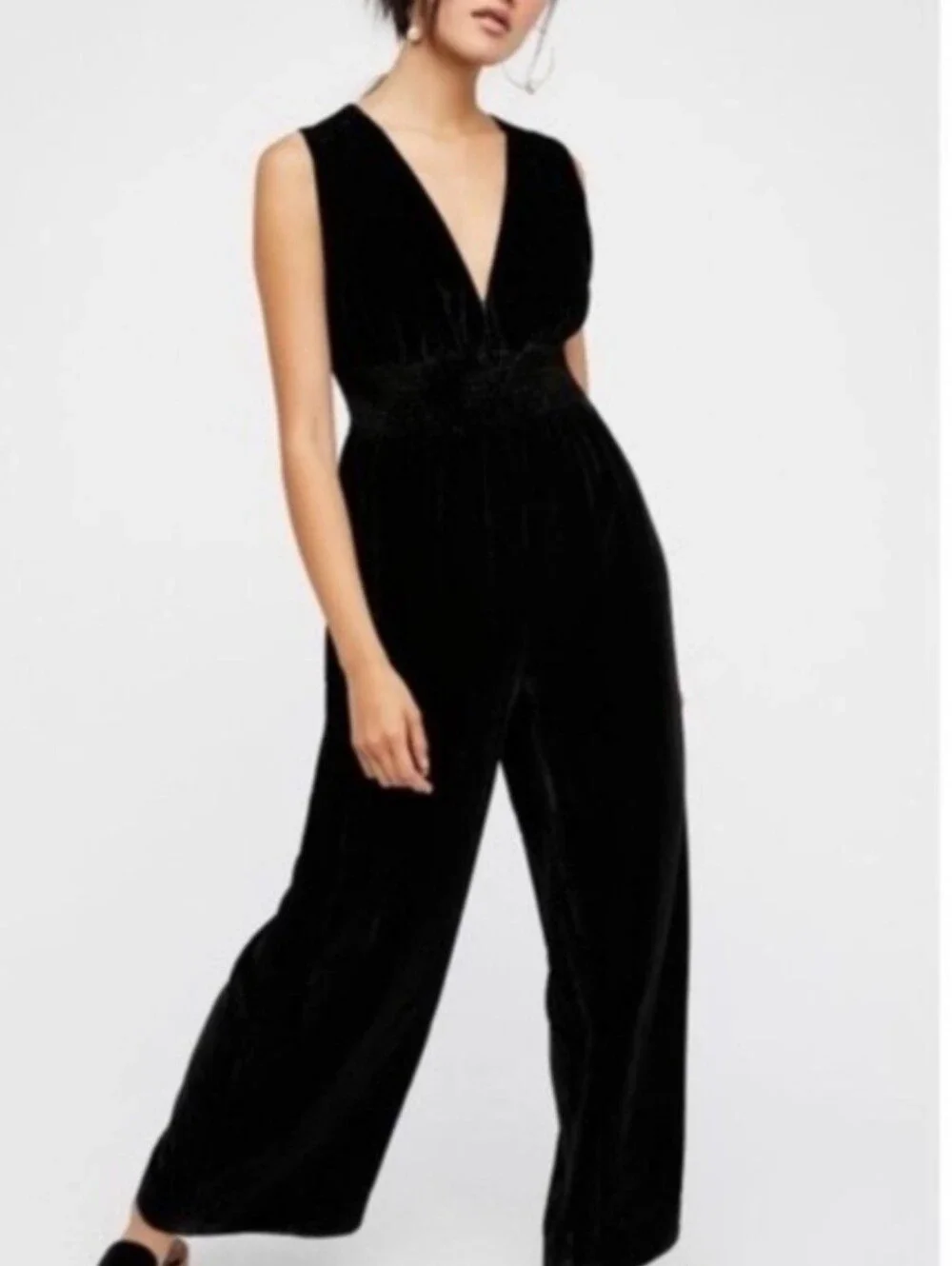 Free People These Days Crushed Velvet Wide Leg Black Jumpsuit